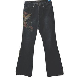 EUC WOMENS Bogari Embroidered Mid Rise Denim Flare Leg Jeans Size 8x33x34